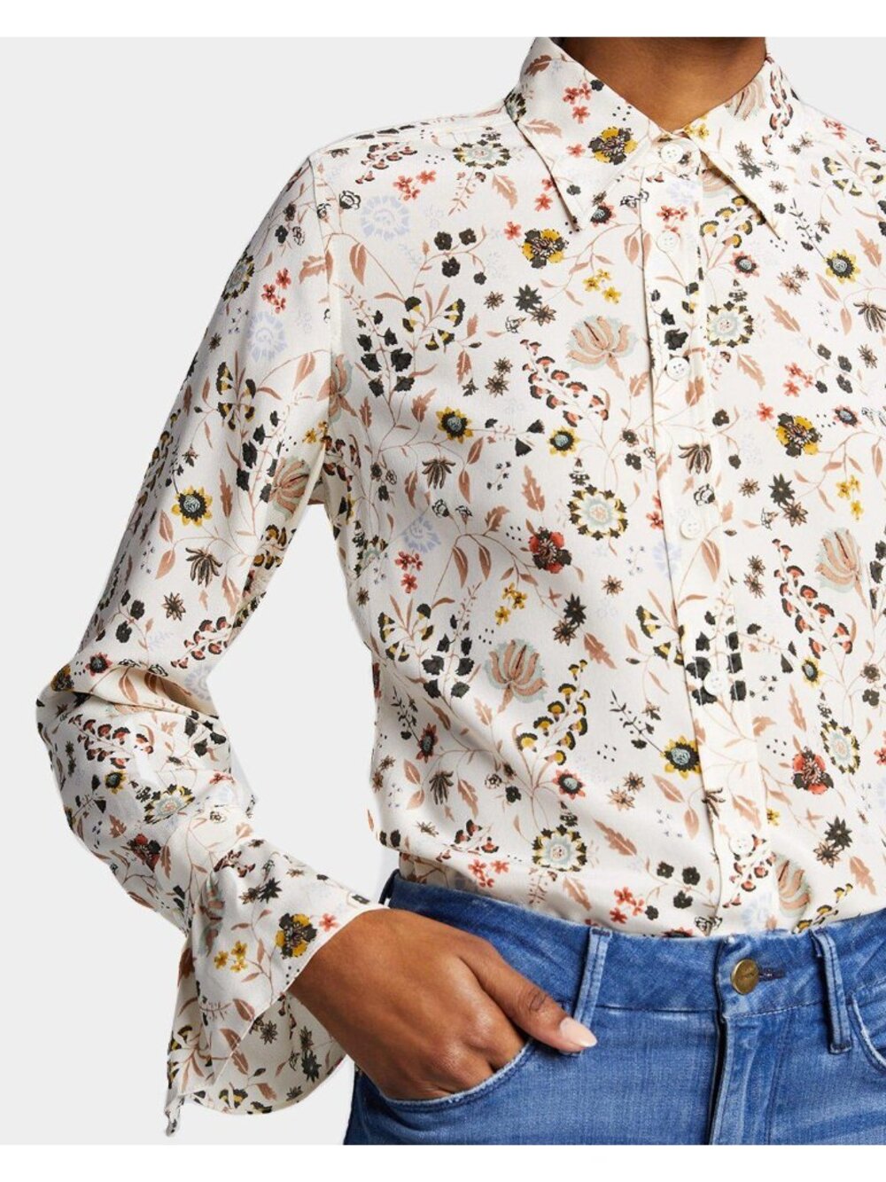 FRAME 70s Ruffled Silk Floral Blouse Size L Off White Multi NWT